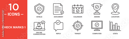 Check marks icon set. Check mark vector symbol in black filled and outlined style.