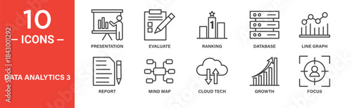 Data analytics icon set. Data analytics vector symbol in black filled and outlined style.