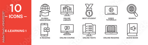 E learning icon set. E learning vector symbol in black filled and outlined style.