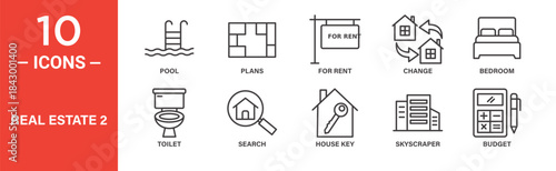 Real estate icon set. Rental property and housing vector symbols in black outline style.