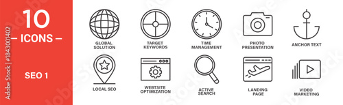 Seo icon set. Search optimization and digital marketing vector symbols in black outline style.