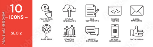 Seo icon set. Search engine marketing and optimization vector symbols in black outline style.