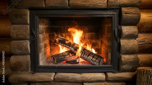 Close up, log cabin fireplace 