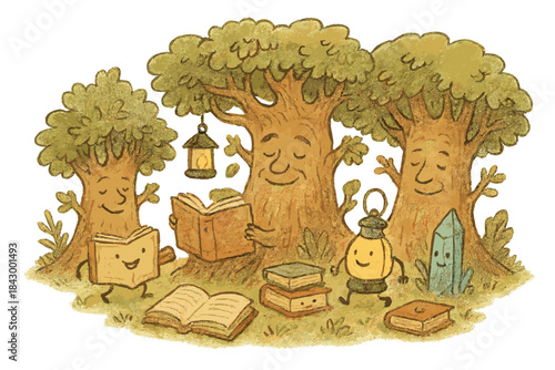 Enchanted Grove Doodle. Delightful doodle of enchanted grove filled with wise trees and cheerful tools — books, lanterns, crystals