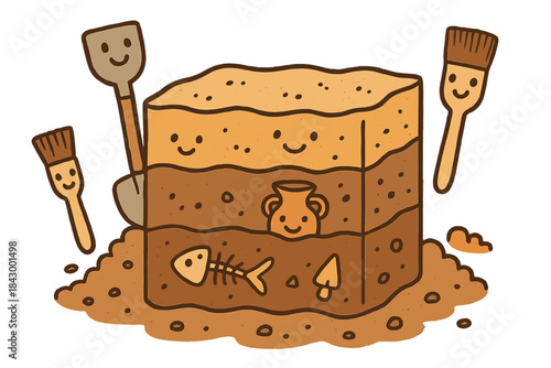 Archaeological Doodle Fun. Cute doodle illustration of archaeological soil layer documentation with smiling shovels, brushes, and
