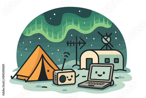 Cheerful Antarctic Camp. Adorable doodle vector of small Antarctic camp with happy laptop, radio, and antennas chatting under