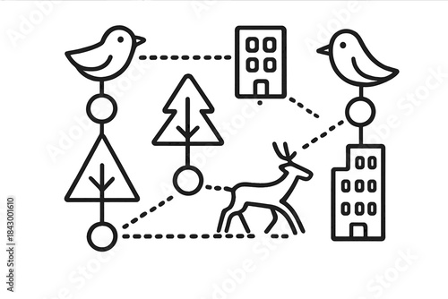 Nature Data Network. Doodle-style vector composition of connected data nodes shaped like birds, trees, and buildings monitoring