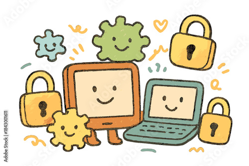 Happy Safe Devices. Delightful doodle of happy devices, gears, and locks cooperating to ensure safe privacy settings in a cozy