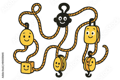 Playful Rigging Characters. Whimsical doodle vector of rigging diagram turned into playful characters—ropes looping around