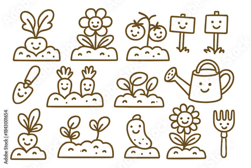 Cheerful Garden Doodles. Doodle-style vector illustration of cheerful garden plots with smiling plants, tools, and signs organized