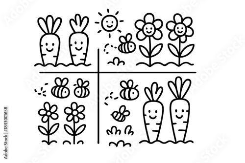 Cheerful Garden Doodle. Doodle-style vector illustration of cheerful garden chart with labeled areas shown by smiling carrots,