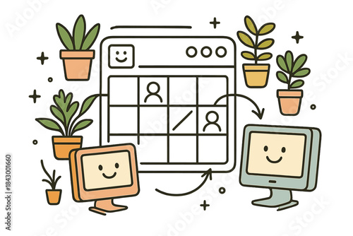 Joyful Calendar Collaboration. Whimsical doodle vector of friendly calendar interface arranging co-working sessions with joyful