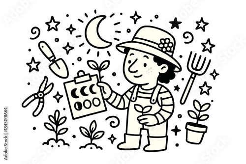 Gardener's Moonlit Planning. Whimsical doodle vector of gardener character checking planting days under glowing moon symbols,