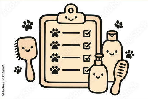 Grooming Essentials Doodle. Adorable doodle vector of grooming checklist board with smiling brushes, shampoo bottles, and