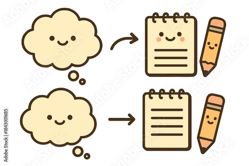 Bubbles to Lists. Adorable doodle vector of thought bubbles transforming into neat lists with smiling pencils and notebooks, No