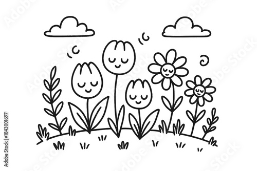 Peaceful Garden Doodle. Doodle-style vector illustration of peaceful garden scene where flowers open and close in sync with gentle
