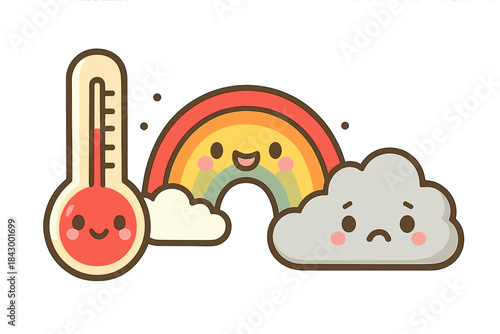 Emotional Atmosphere Doodles. Adorable doodle vector of thermometer, rainbow, and cloud characters measuring emotional atmosphere