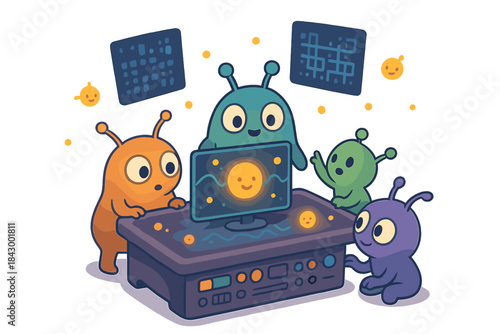 Interstellar Decoding Creatures. Playful interstellar decoding table where tiny creatures analyze neutrino patterns with floating