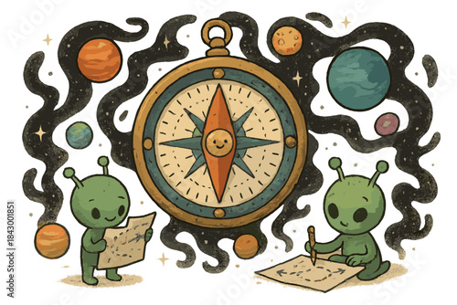 Cosmic Compass Adventure. Playful cosmic compass surrounded by planets and dark matter tendrils, cute alien cartographers