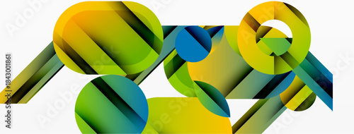 Abstract composition featuring overlapping circles, rectangles. Vibrant gradients create dynamic visual effect. Modern design, clean aesthetic.