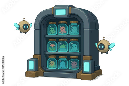 Charming Alien Vault. Charming specimen vault guarded by adorable drones and glowing panels, shelves of doodle jars with peaceful
