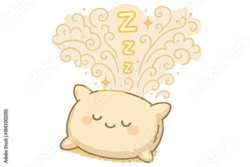 Dreamy Pillow Glow. Adorable doodle pillow gently releasing glowing “Z” symbols that drift upward and form whimsical dream