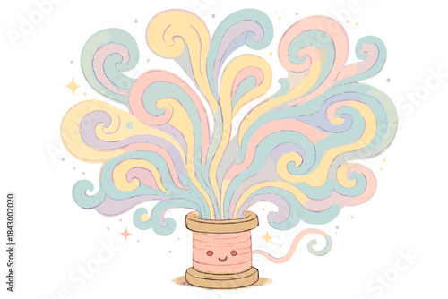 Colorful Spool Doodle. Cute doodle spool radiating a cascade of colors that form dreamy patterns in the air, No text, No labels,