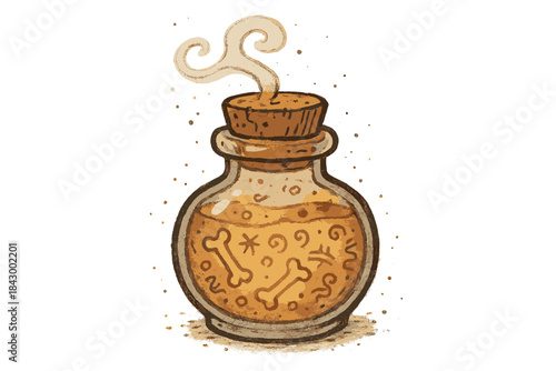 Magical Ink Bottle. Sweet doodle ink bottle with tiny bones and legends floating within, magical ancient discovery feeling, No
