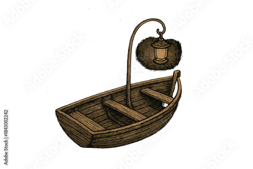 Lantern-Lit Celestial Voyage. Sweet doodle boat drifting through empty space with a gentle lantern illuminating its lonely voyage,