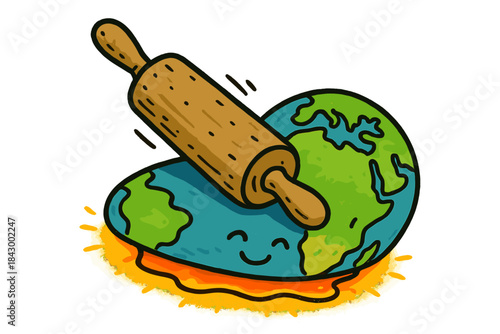 Planetary Dough Flattening. Playful doodle rolling pin flattening a miniature planet’s crust, soft magma glow and smiling