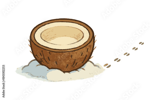 Coconut in the Snow. Adorable doodle coconut half shell resting in snow with tiny horse hoof prints leading away, whimsical