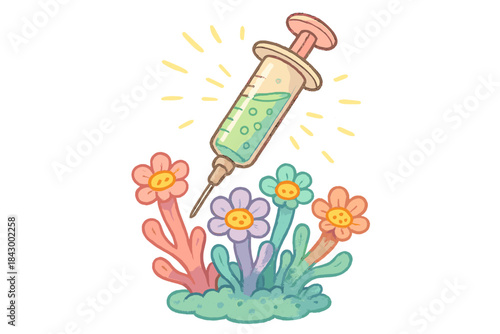 Doodle Algae Symphony. Sweet doodle algae syringe shining softly as coral polyps bloom with renewed color, No text, No labels,