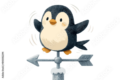 Penguin Weather Vane. Adorable doodle weather vane shaped like a cheerful penguin, spinning playfully atop a frosty pole in the