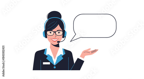 Customer support representative wearing a headset with microphone greets visitors and explains help options through a friendly chat style illustration.