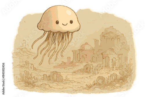 Doodle Jellyfish Adventure. Sweet doodle jellyfish hovering over an ancient seafloor diagram, soft light revealing mysterious