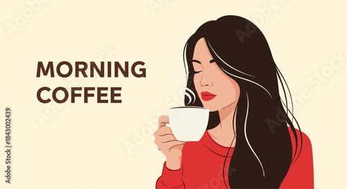 Illustration of a woman sipping a hot cup of morning coffee while savoring the quiet moment beside the words morning coffee.