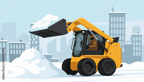 Skid-steer loader using its bucket to haul snow away in urban setting, vector	