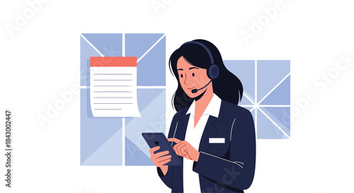 Professional customer service agent wearing a headset checks information on a smartphone while assisting clients from a bright modern call center.