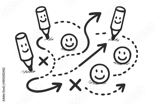 Friendly Tactical Doodle. A friendly tactical board drawn with smiling markers, cute arrows and dotted paths leading to happy unit