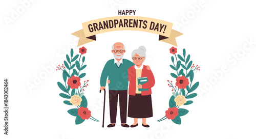 Cheerful illustration of an elderly couple standing together beneath a grandparents day banner framed by vibrant floral arrangements and celebratory colors.