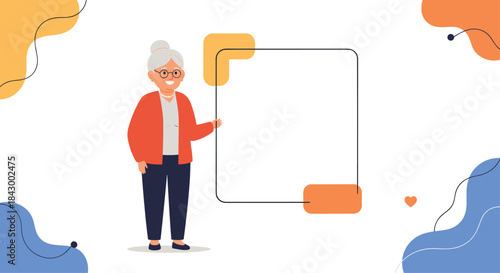 Elderly woman in a red cardigan stands beside a large framed blank board inviting ideas and notes in a warm modern illustration.