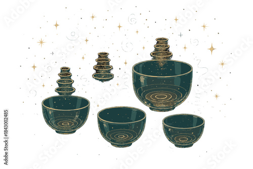 Harmonic Glass Symphony. A group of glass bowls arranged in a harmonic chord, each emitting tiny glowing sound rings, surrounded