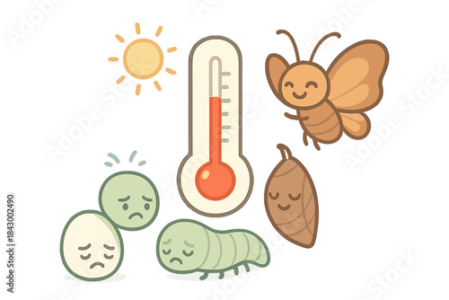 Thermometer Mood Insects. A thermometer gently interacting with cartoon insect stages, showing warmth and coolness changing their