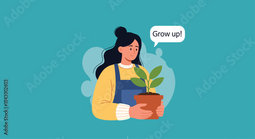 Illustration of a young person with dark hair wearing a yellow sweater and blue apron holding a potted plant symbolizing nurturing growth and encouragement.
