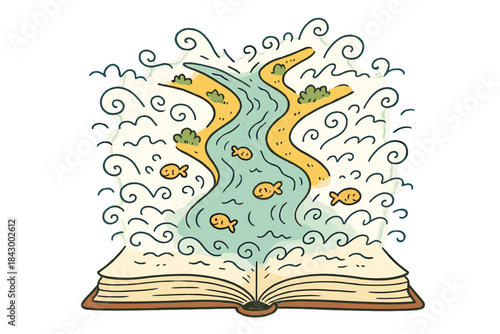 Storybook River Delta. A river delta flowing out of an open storybook, doodle waves and tiny happy fish swimming along, whimsical