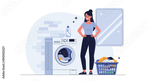 Woman stands with hands on hips beside a front loading washing machine in a bright laundry room with detergent and a basket of clothes near a large mirror.