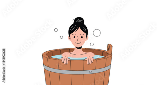 Woman relaxing in a wooden tub filled with warm water and bubbles around her smiles softly while resting her hands on the rim and enjoying a peaceful soak.