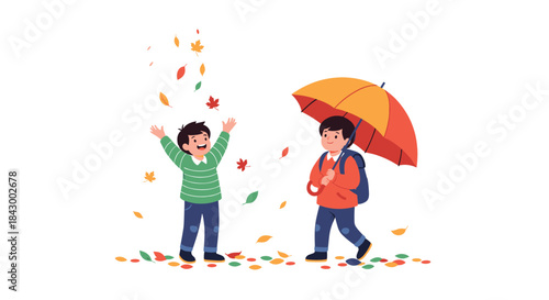 Two children enjoy a windy autumn day as one throws leaves into the air while the other holds a bright umbrella beside scattered autumn leaves.