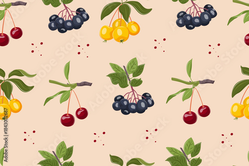 Botanical seamless pattern with black chokeberry, cherry and crabapple branch with ripe berries and green leaves. Vector aronia and japanese apple backgound.
