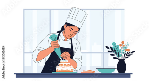 Chef decorates a multi layer cake with a pastry bag in a bright modern kitchen while fresh flowers sit on the counter and sunlight fills the space.